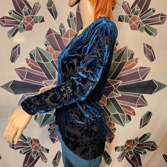 Simply Vera XS burnout semi sheer teal blue velvet long sleeve Top - Picture 2 of 12